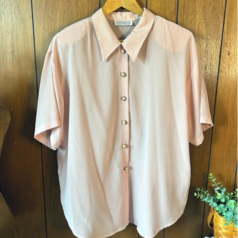 Impressions of California Pink Button Up Short Sleeve Blouse Large